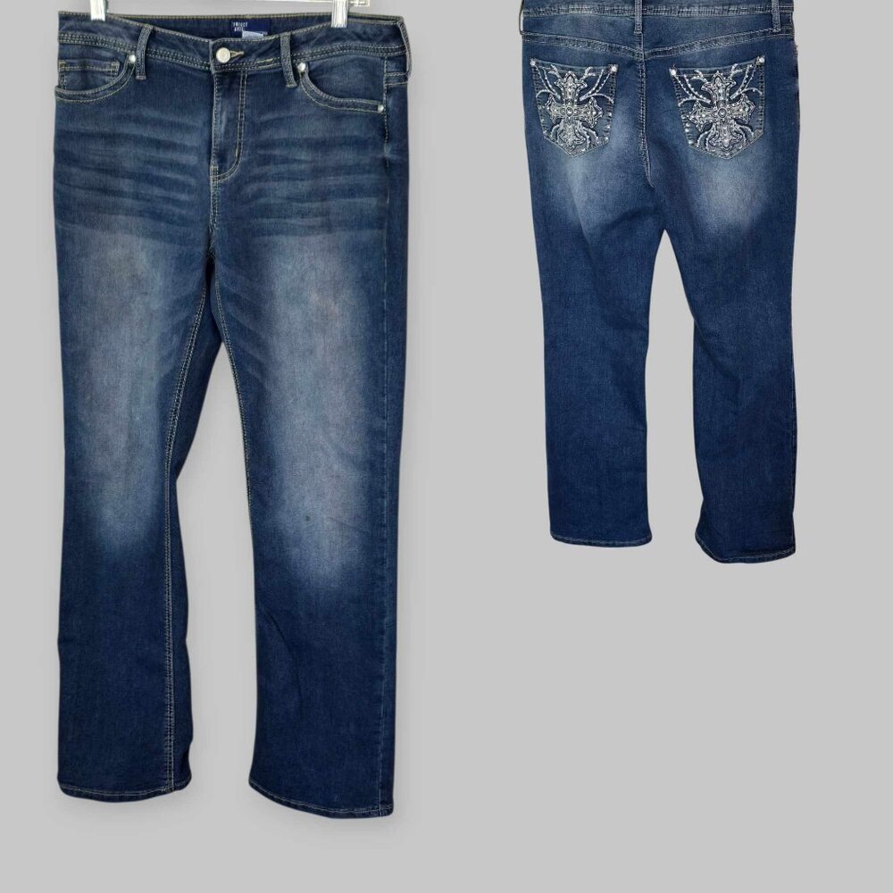 Project Indigo  High Rise Boot Cut  Cotton Dark Wash Rhinestone Womens 32X31